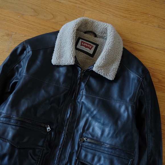 Levi's Mens Faux Leather Bomber Jacket Sherpa Collar Dark Brown Size XL Retro - Picture 2 of 8